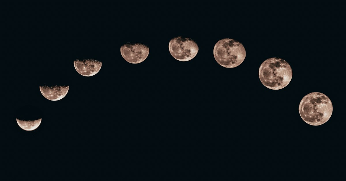 A sequence of moon phases forming an arc against a dark night sky