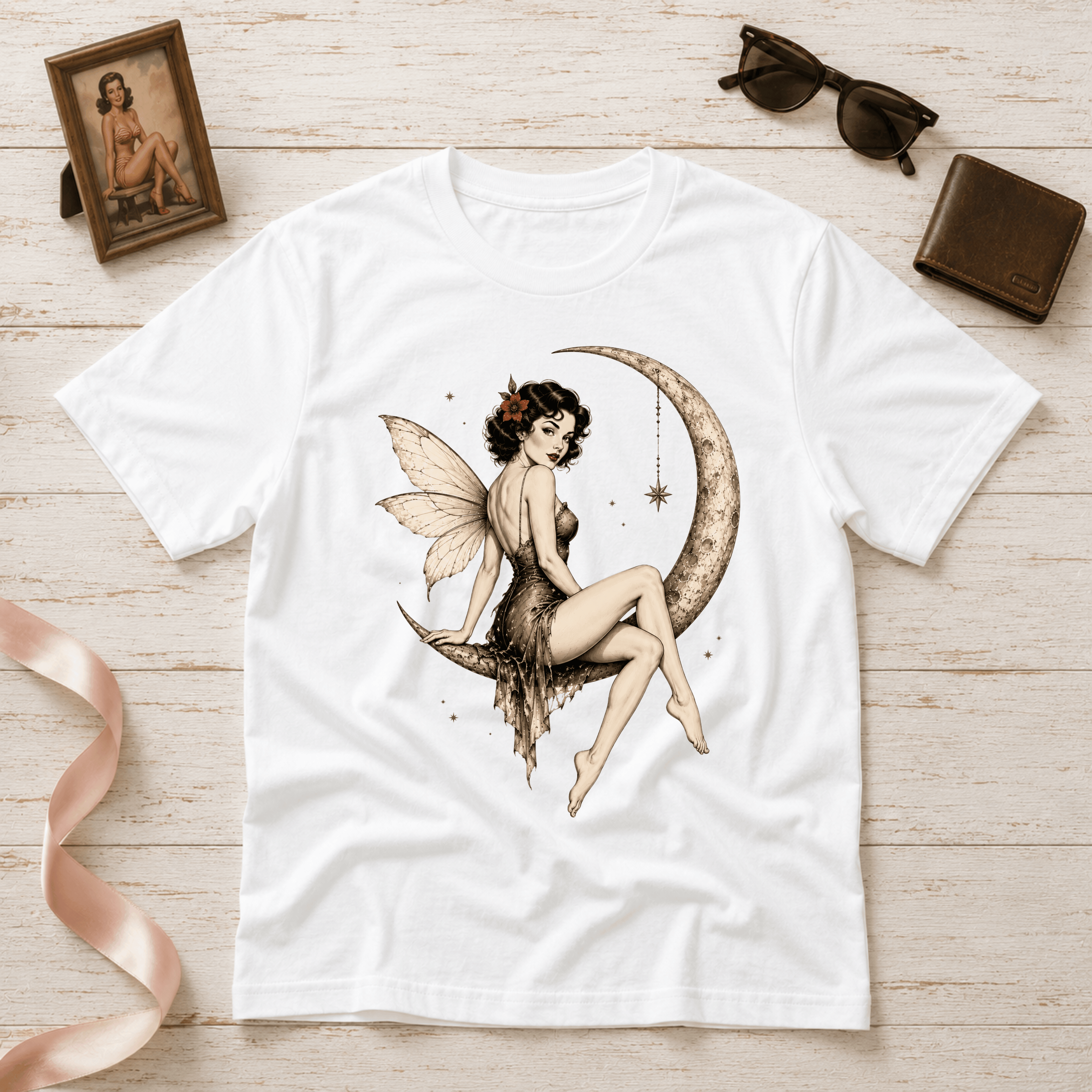 Red Rose On Moon | Vintage Pinup Graphic T-Shirt