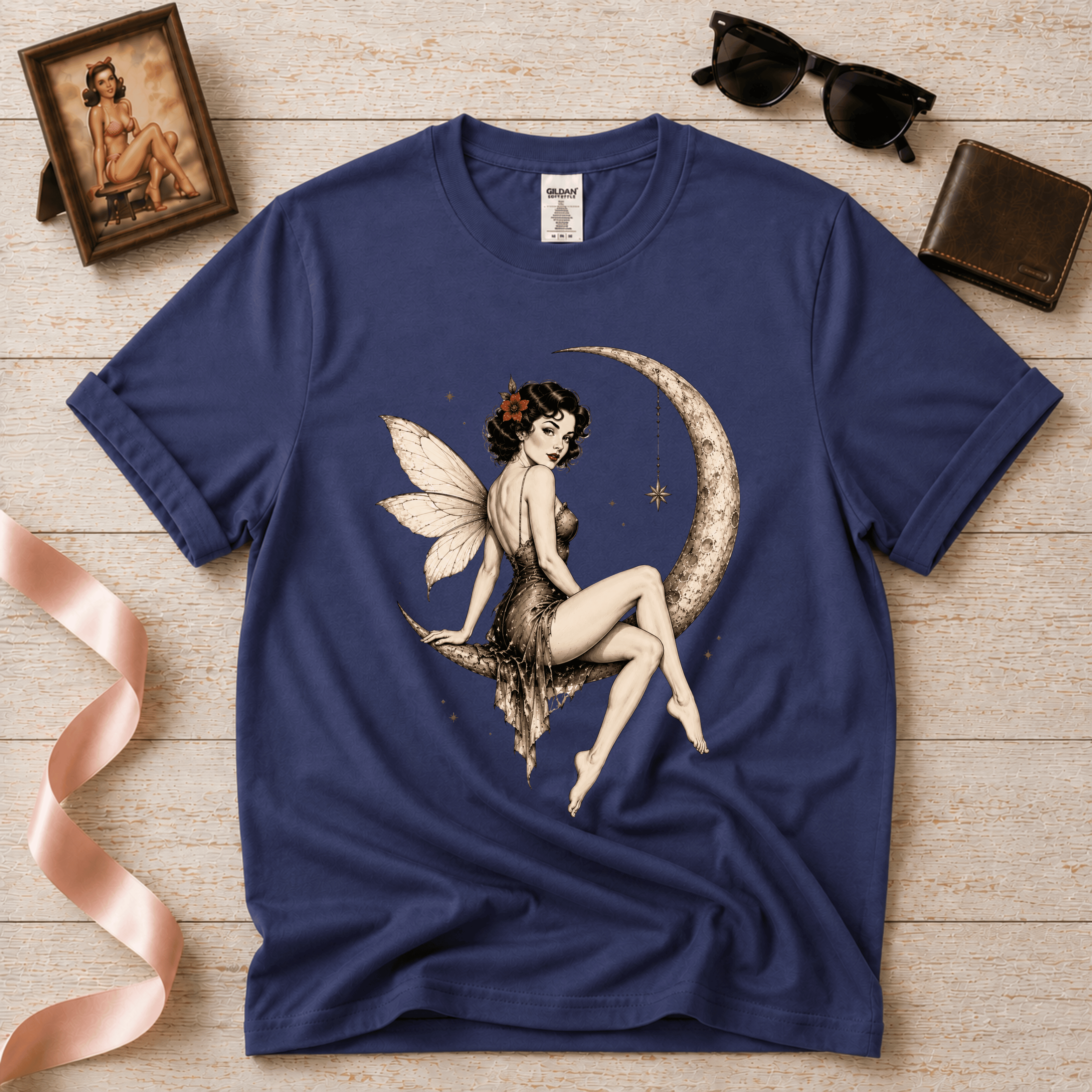 Red Rose On Moon | Vintage Pinup Graphic T-Shirt