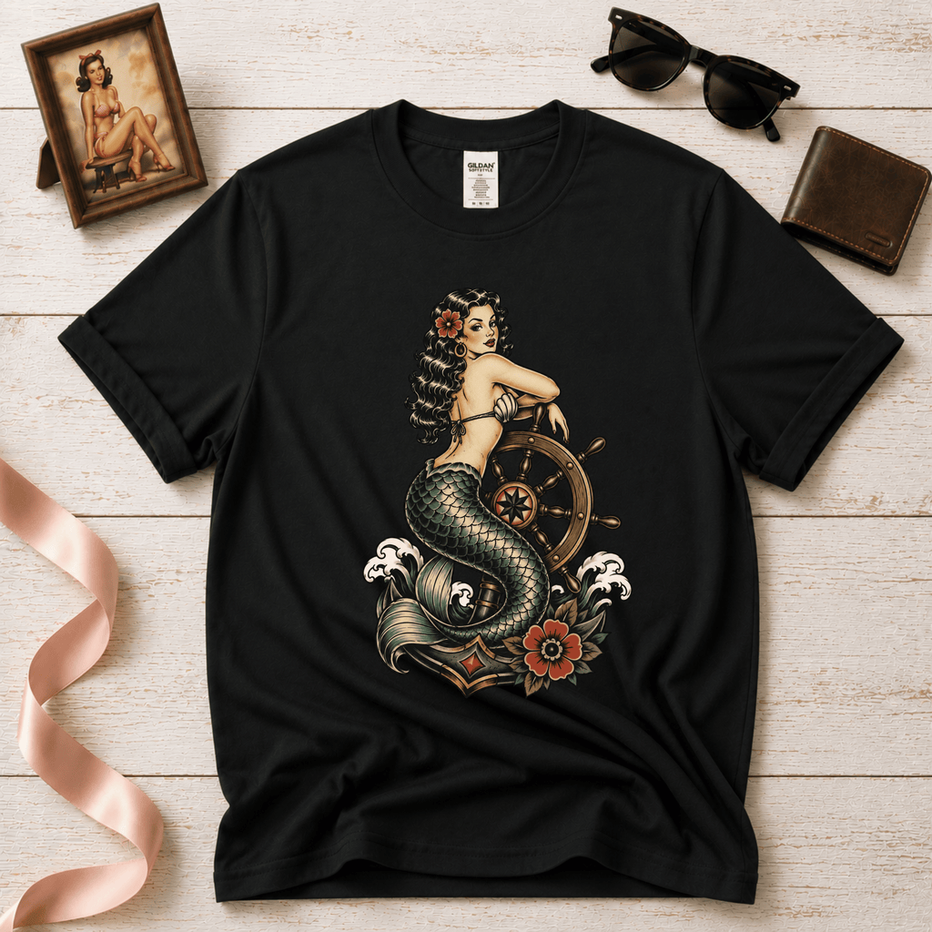 Mermaid With Ship Wheel | Vintage Tattoo Graphic T-Shirt