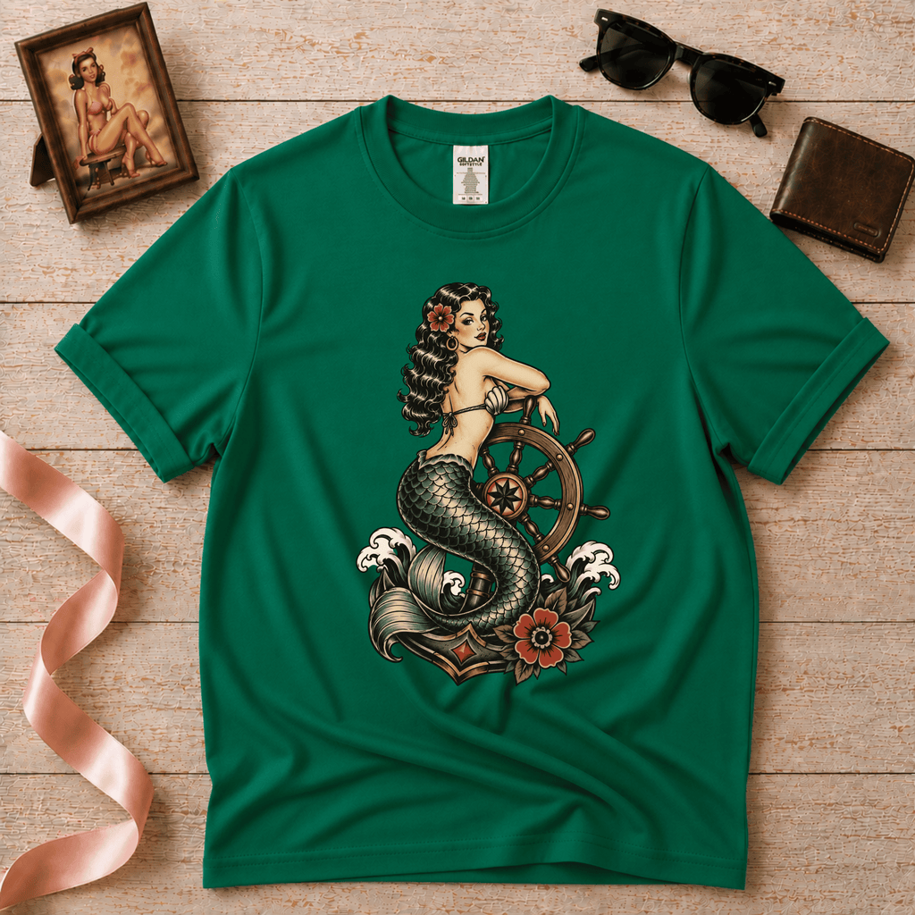 Mermaid With Ship Wheel | Vintage Tattoo Graphic T-Shirt