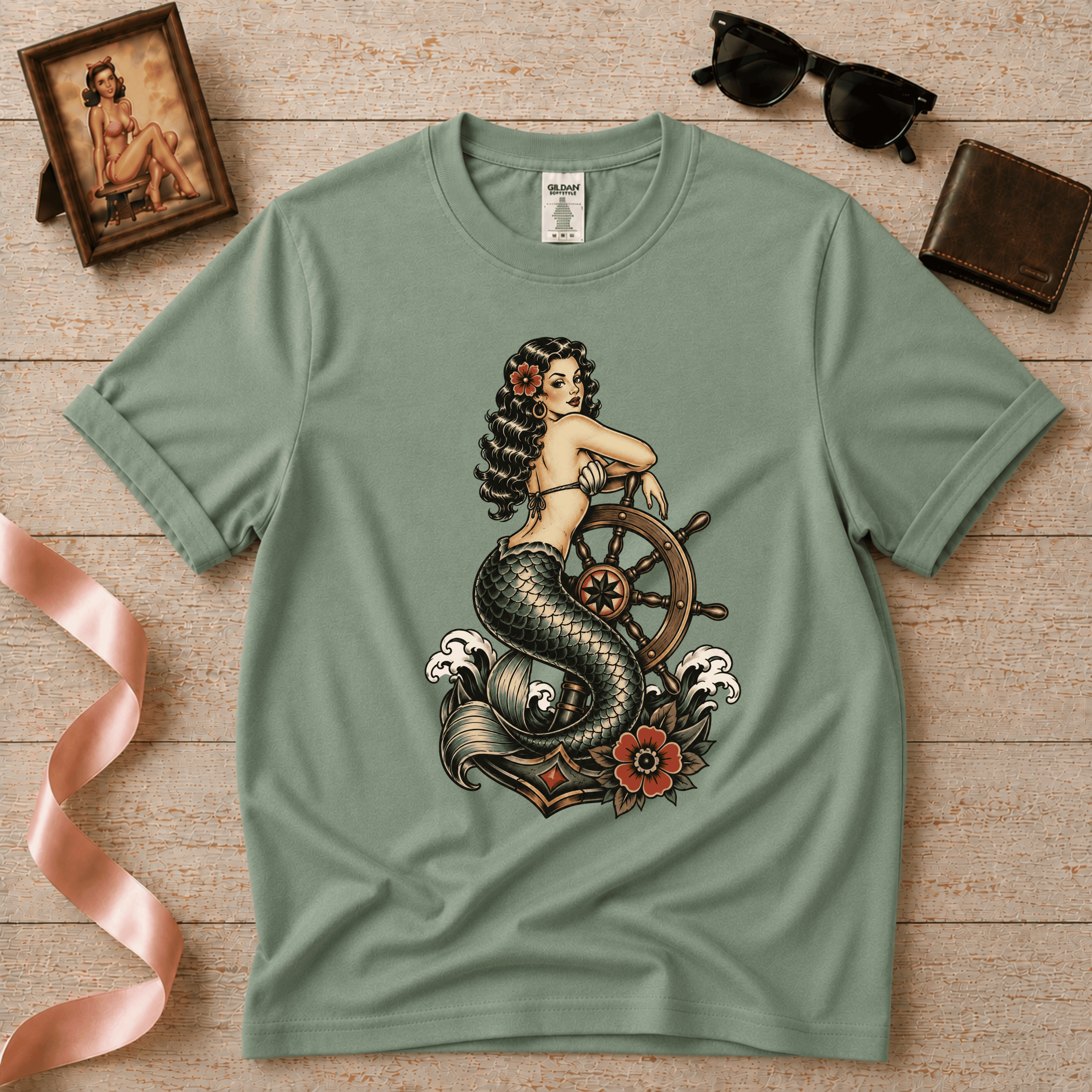 Mermaid With Ship Wheel | Vintage Tattoo Graphic T-Shirt
