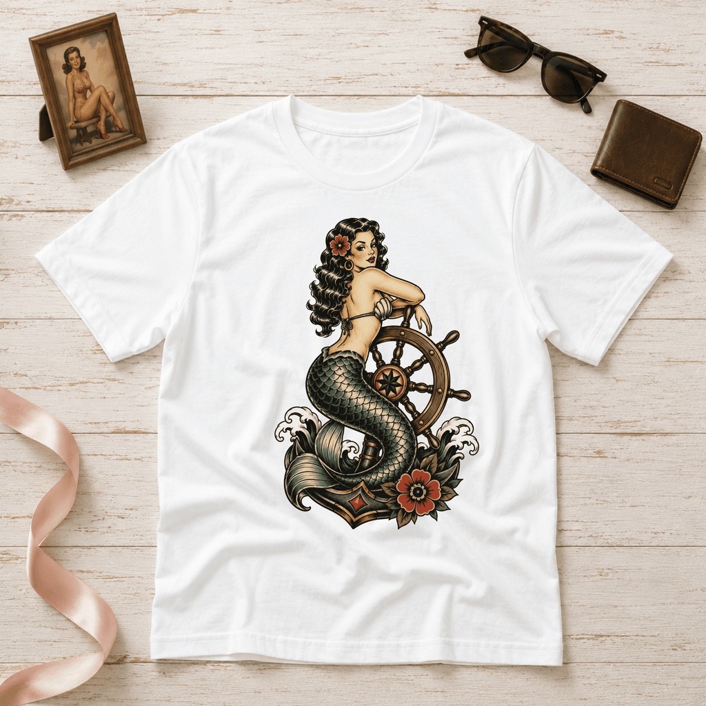 Mermaid With Ship Wheel | Vintage Tattoo Graphic T-Shirt