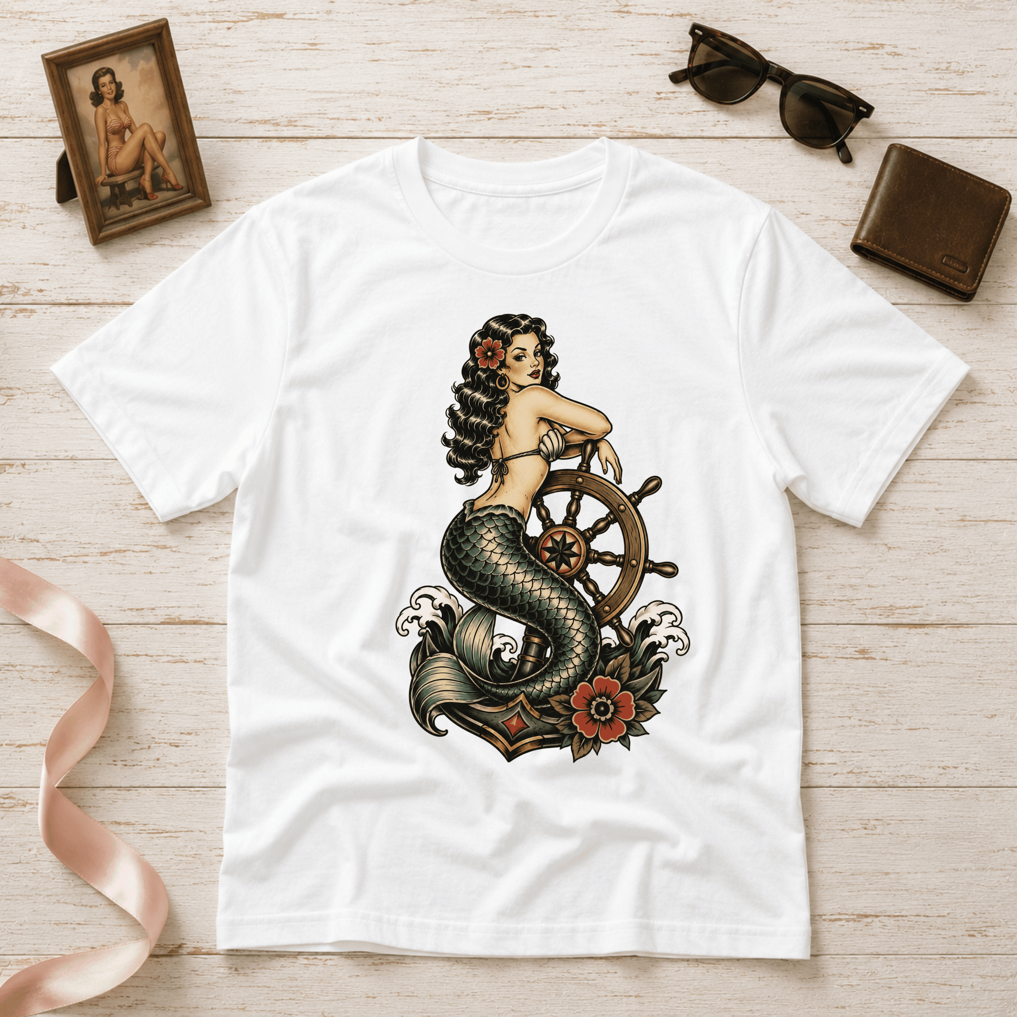 Mermaid With Ship Wheel | Vintage Tattoo Graphic T-Shirt