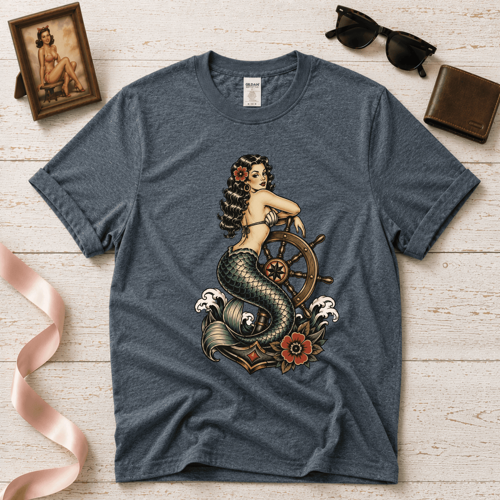Mermaid With Ship Wheel | Vintage Tattoo Graphic T-Shirt