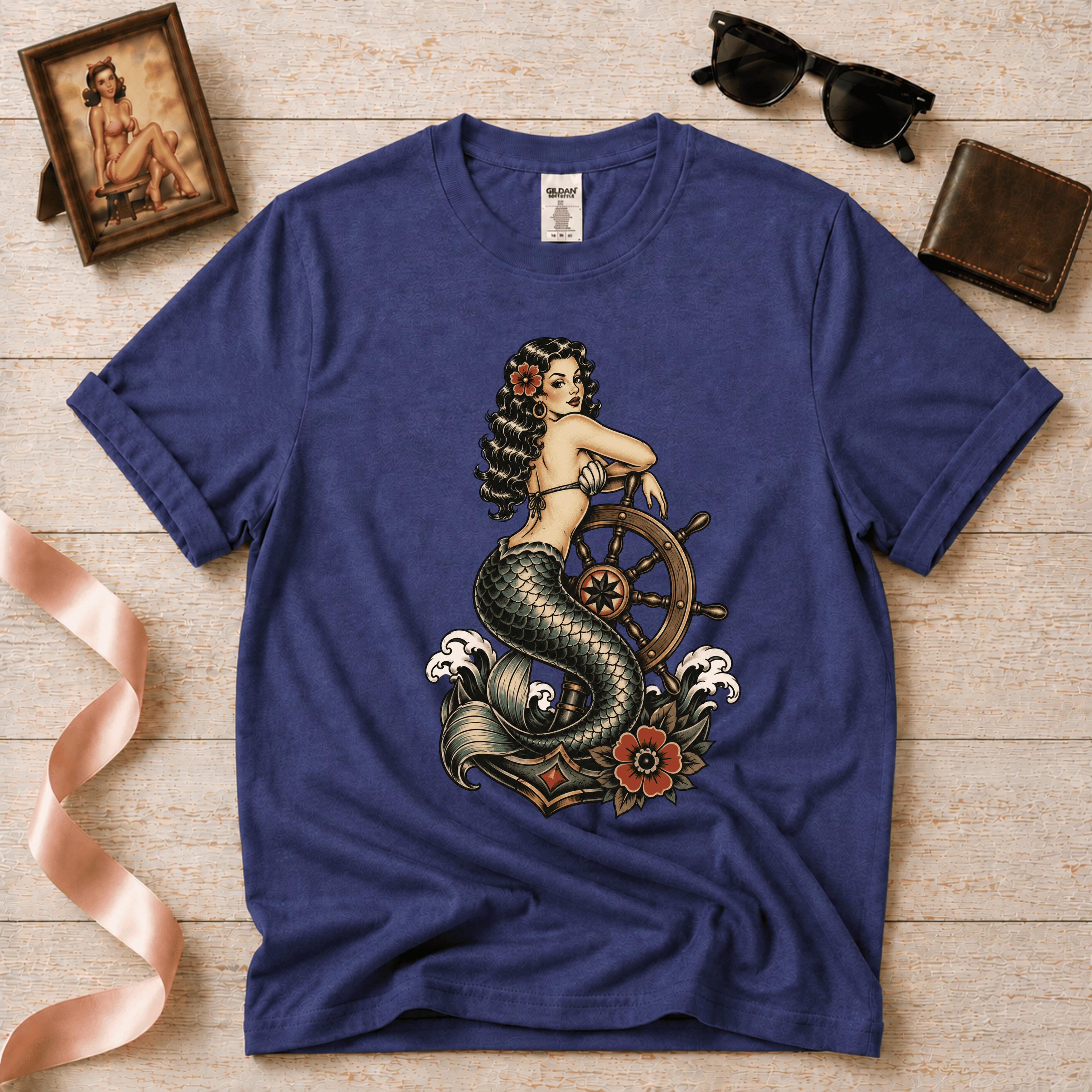 Mermaid With Ship Wheel | Vintage Tattoo Graphic T-Shirt