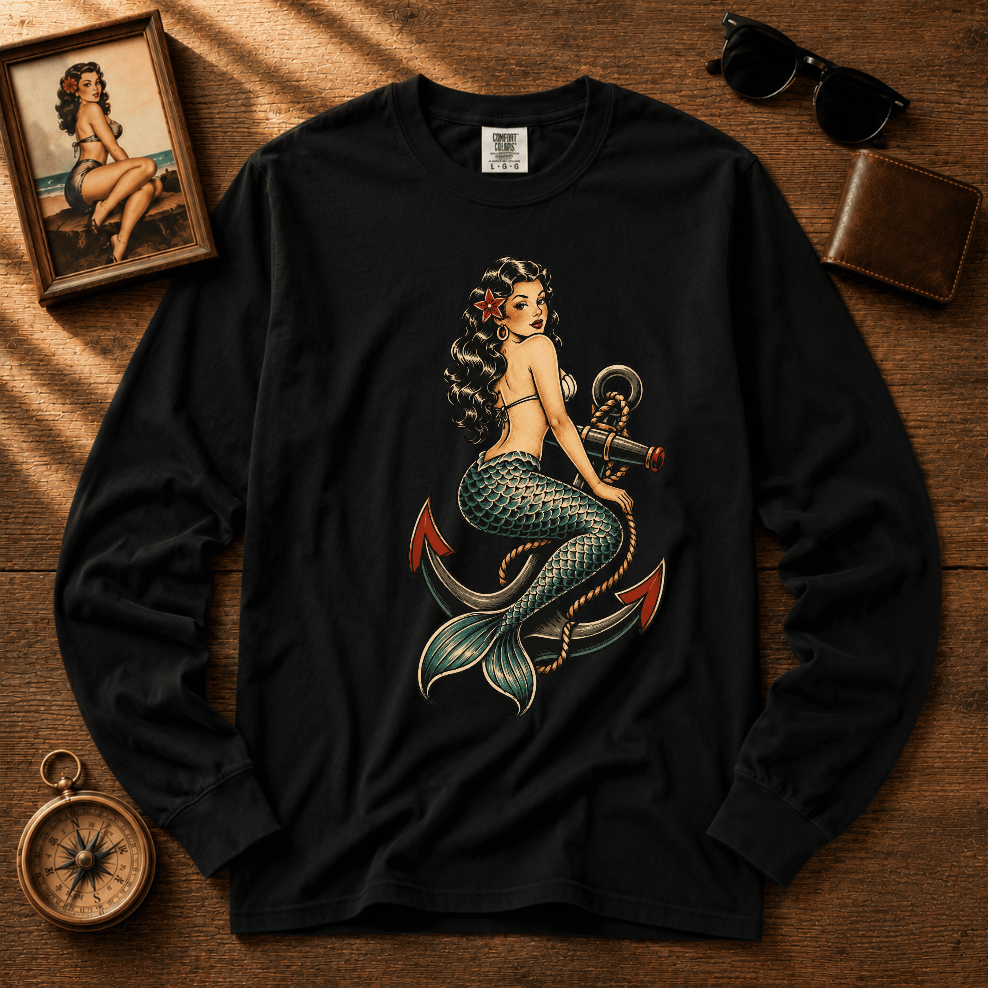 Mermaid Anchor | Vintage Mermaid Tattoo Long Sleeve Tee