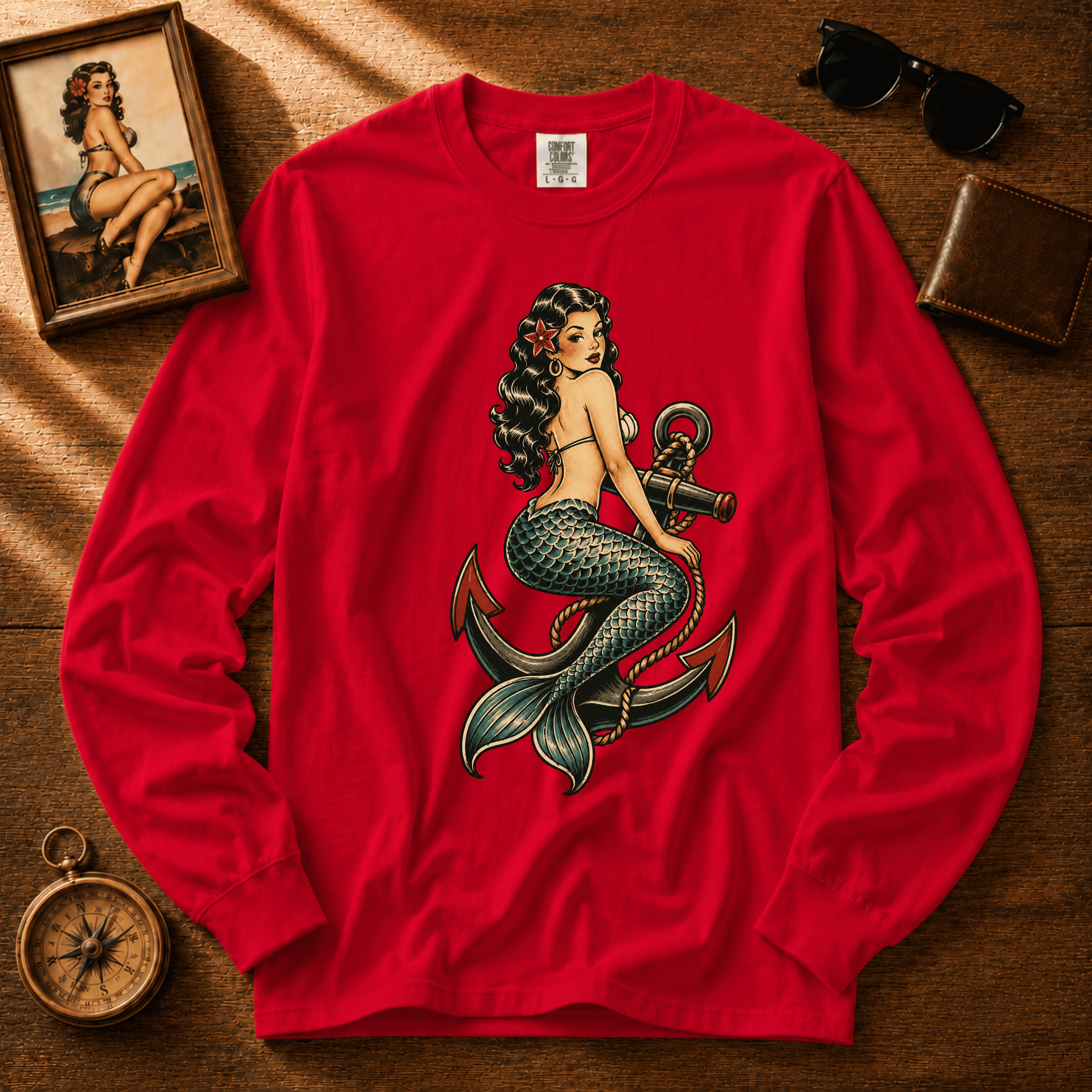 Mermaid Anchor | Vintage Mermaid Tattoo Long Sleeve Tee