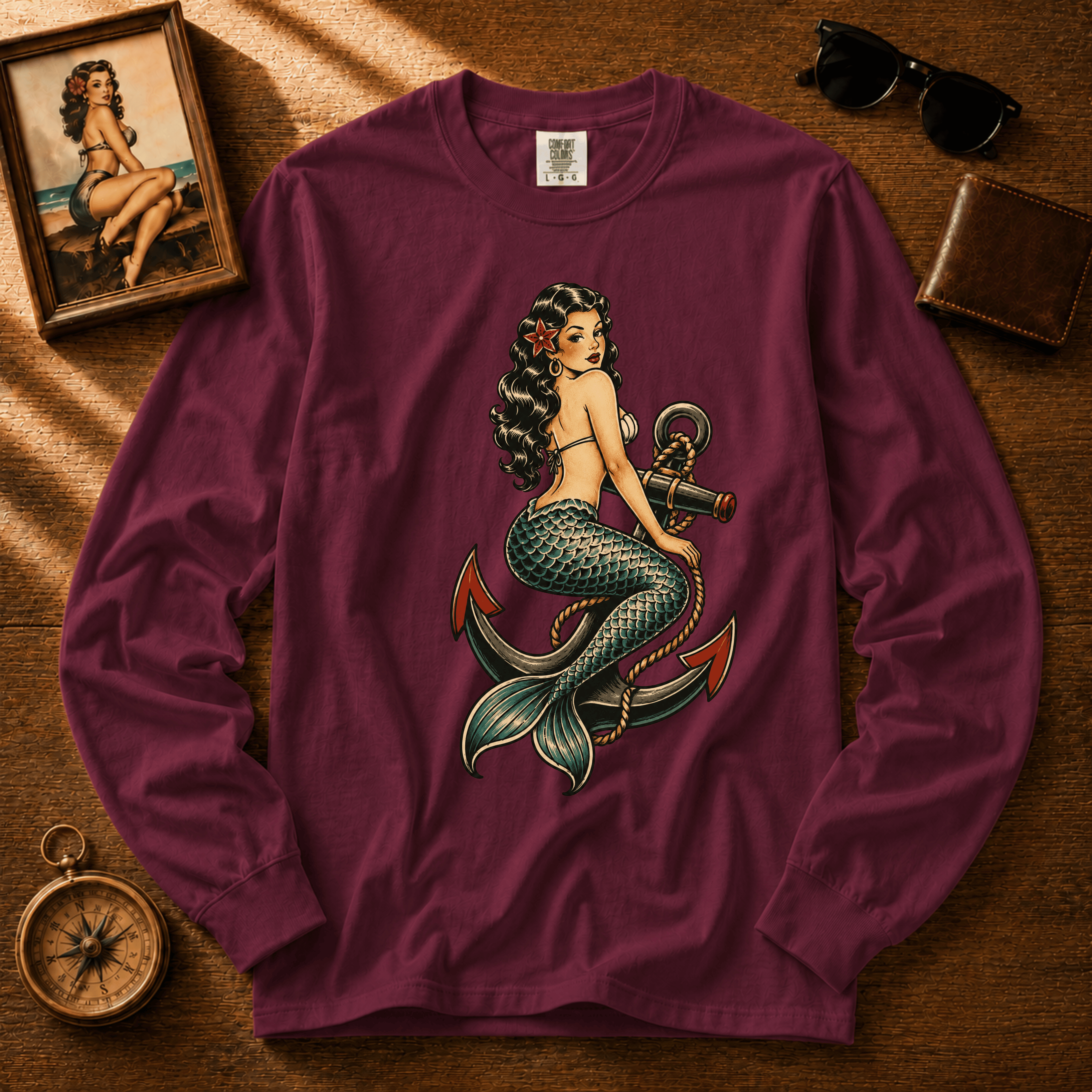 Mermaid Anchor | Vintage Mermaid Tattoo Long Sleeve Tee