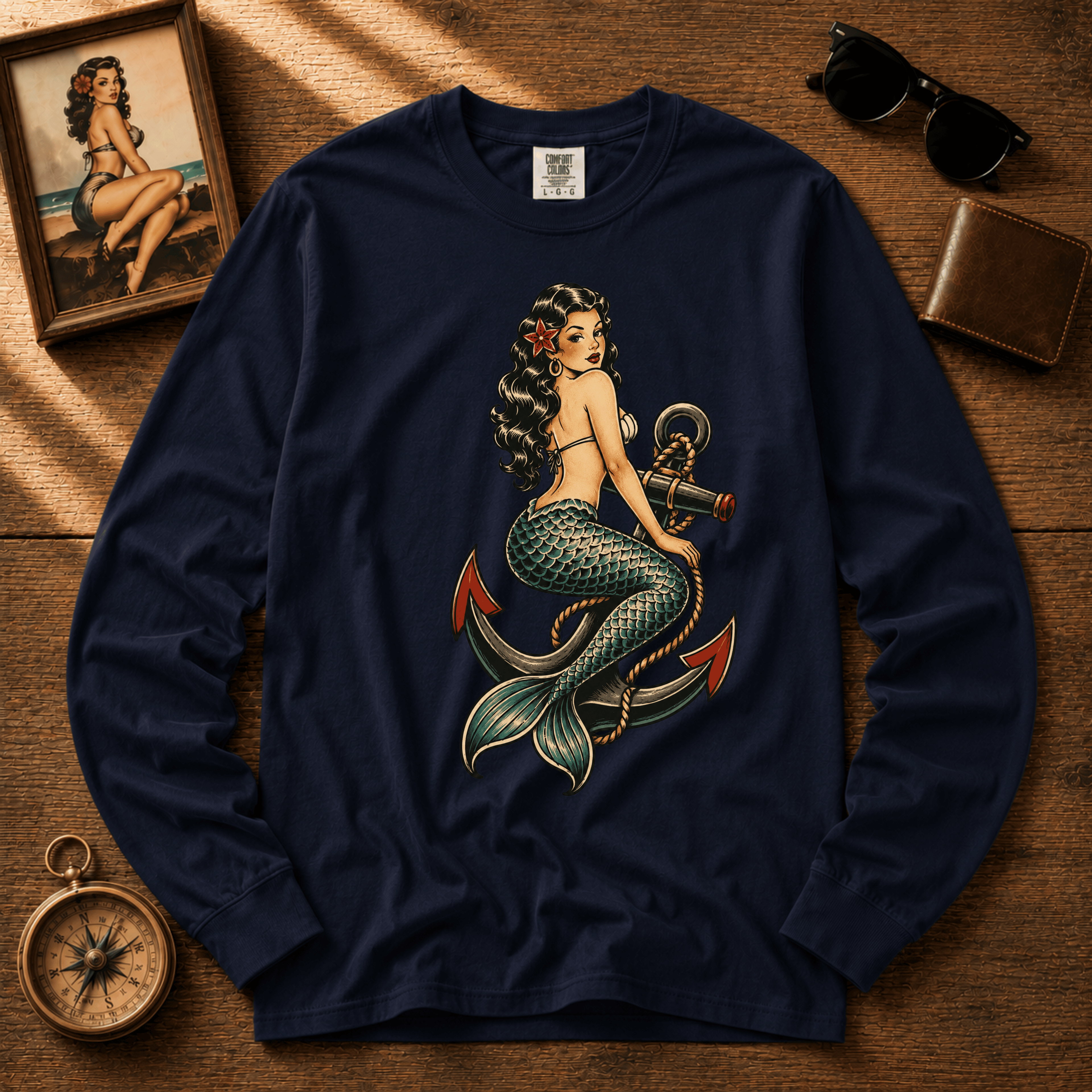 Mermaid Anchor | Vintage Mermaid Tattoo Long Sleeve Tee