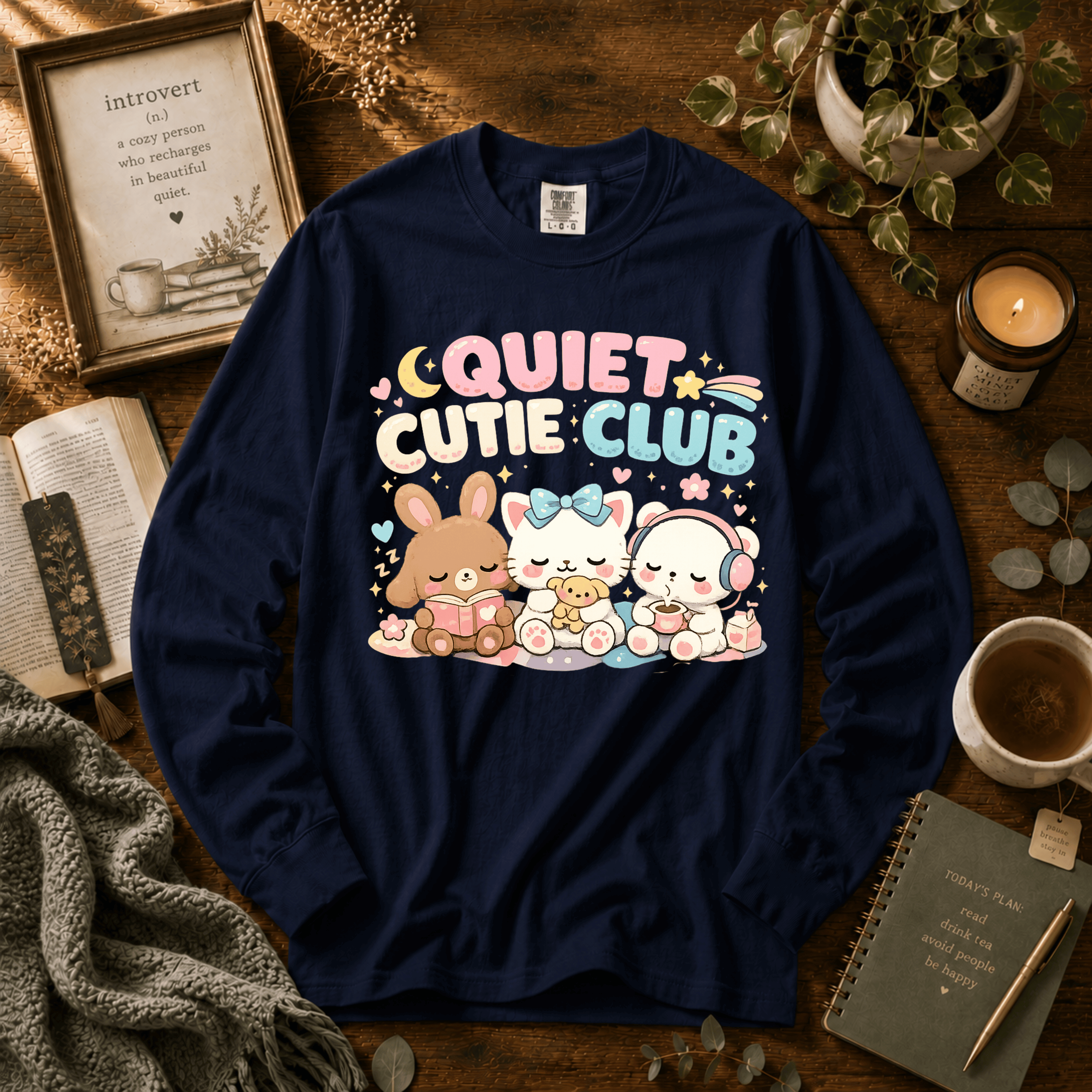 Cutie Club 2 introvert graphic long sleeve t-shirt in Navy.