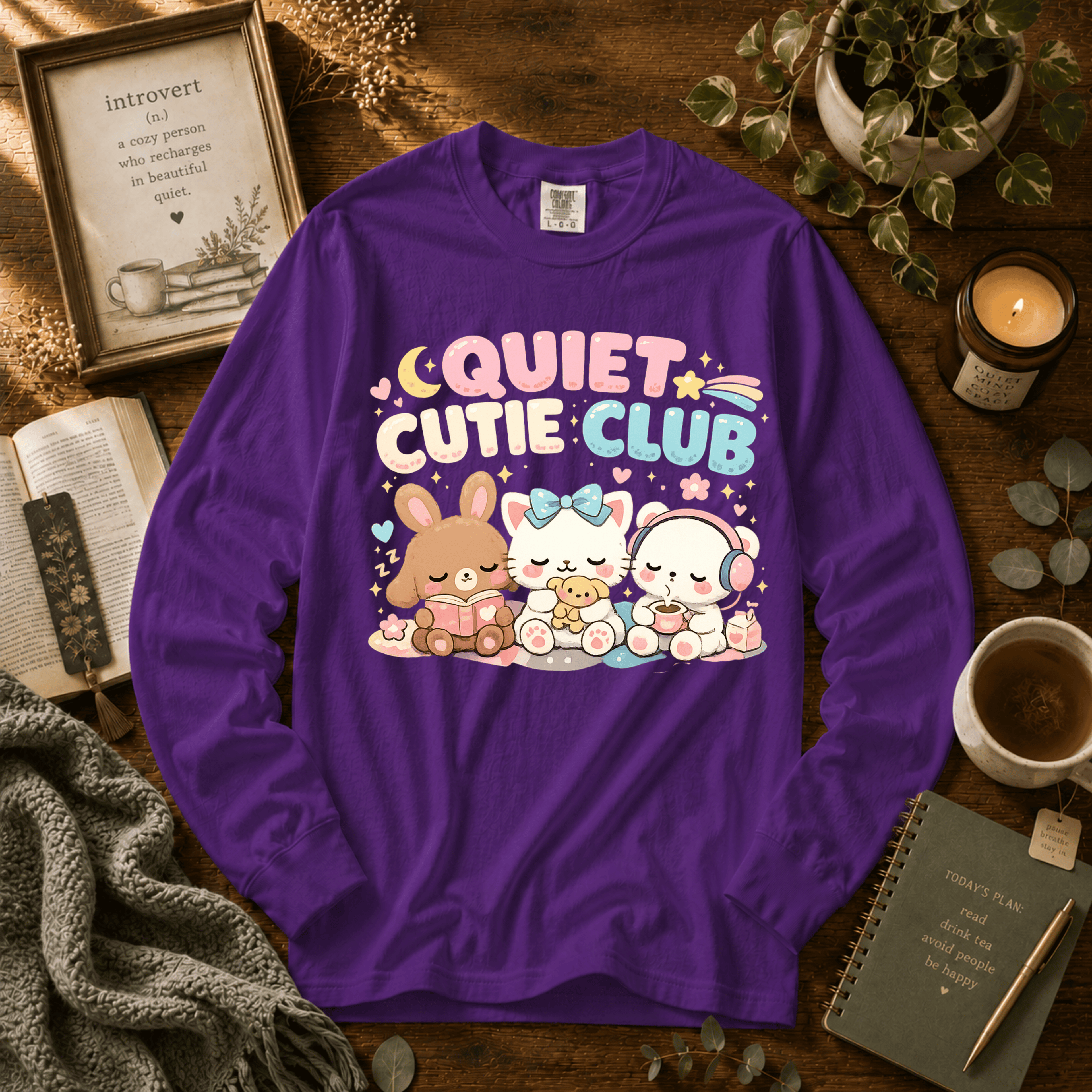 Cutie Club 2 introvert graphic long sleeve t-shirt in Purple.