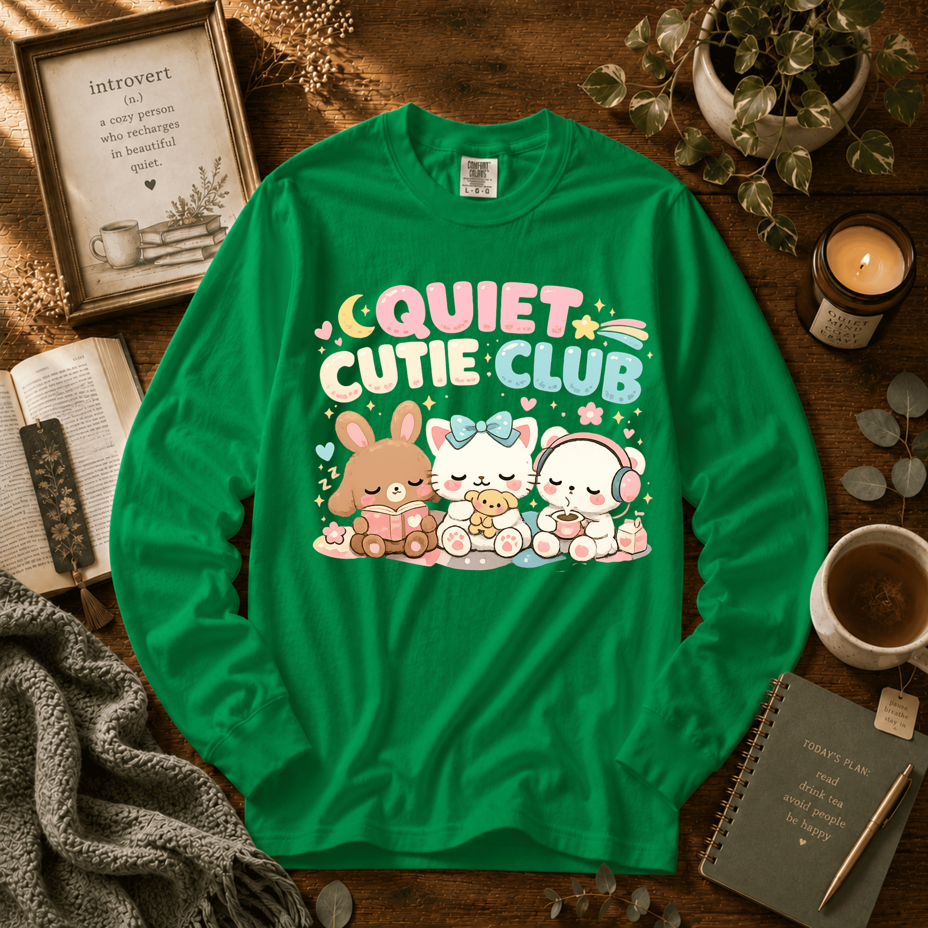 Cutie Club 2 introvert graphic long sleeve t-shirt in Irish Green.