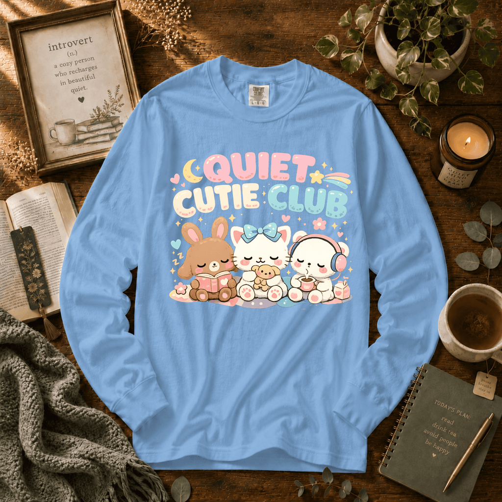 Cutie Club 2 introvert graphic long sleeve t-shirt in Carolina Blue.
