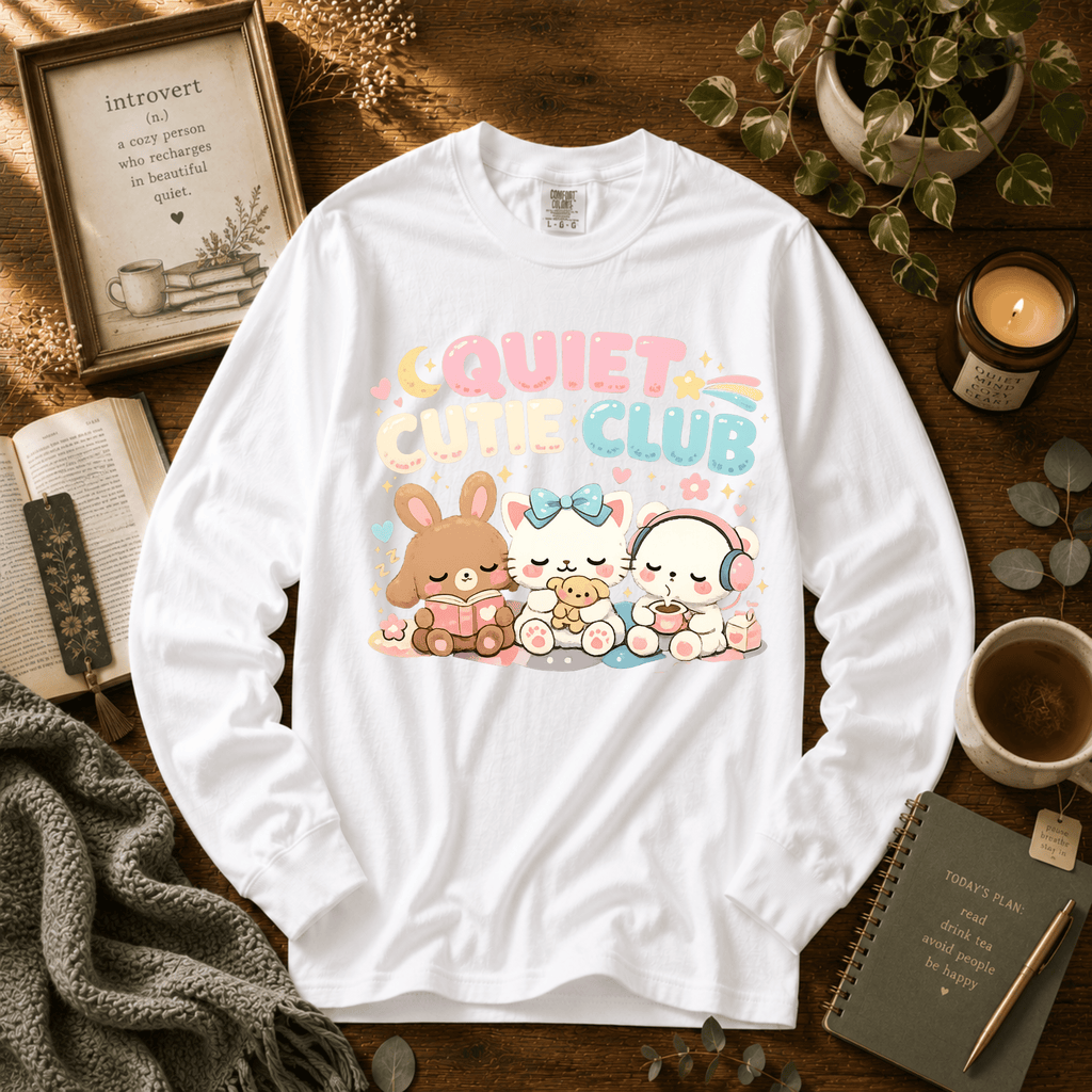 Cutie Club 2 introvert graphic long sleeve t-shirt in White flat lay.