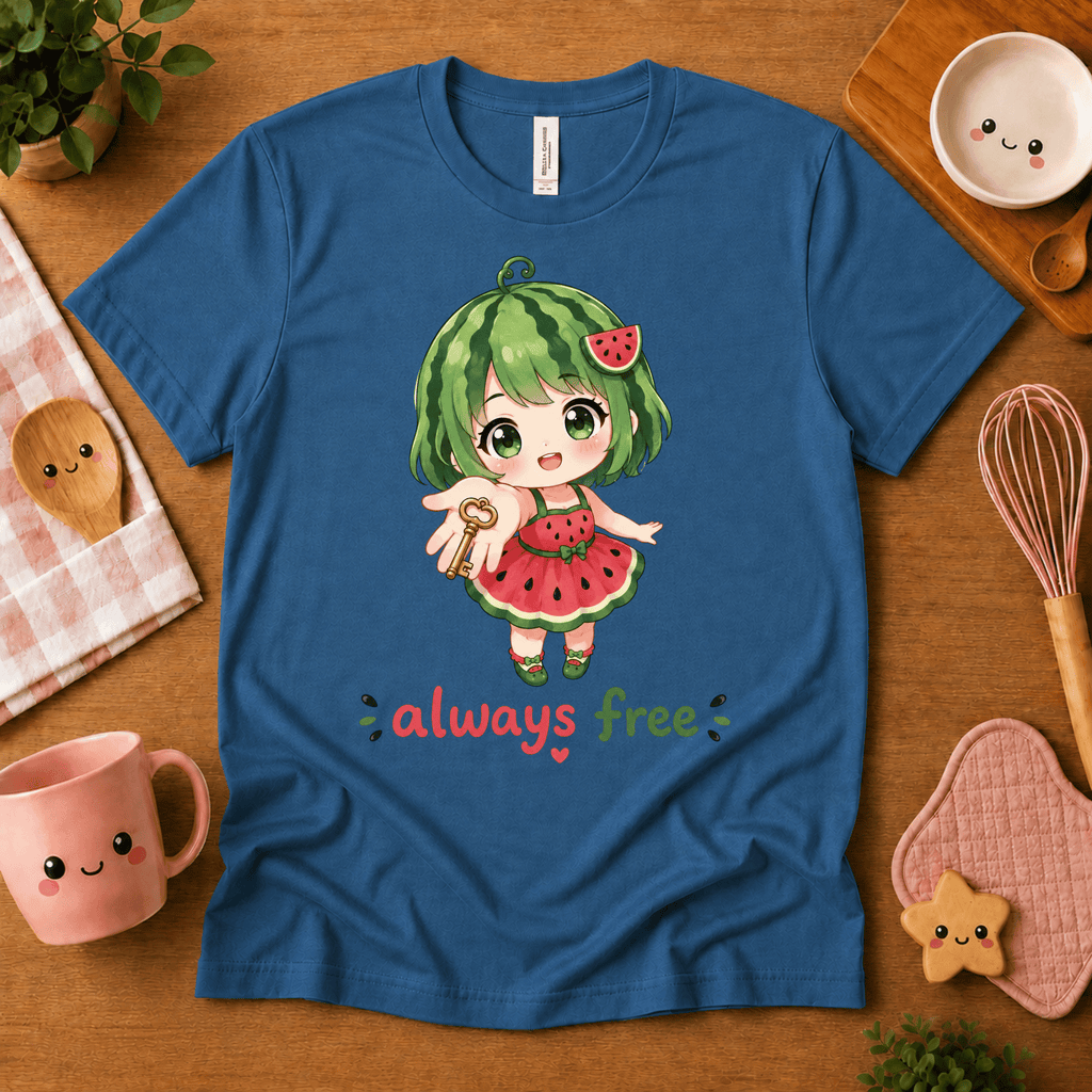 Always Free cute food graphic t-shirt cozy flat lay in ocean blue.