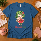 Always Free cute food graphic t-shirt cozy flat lay in ocean blue.