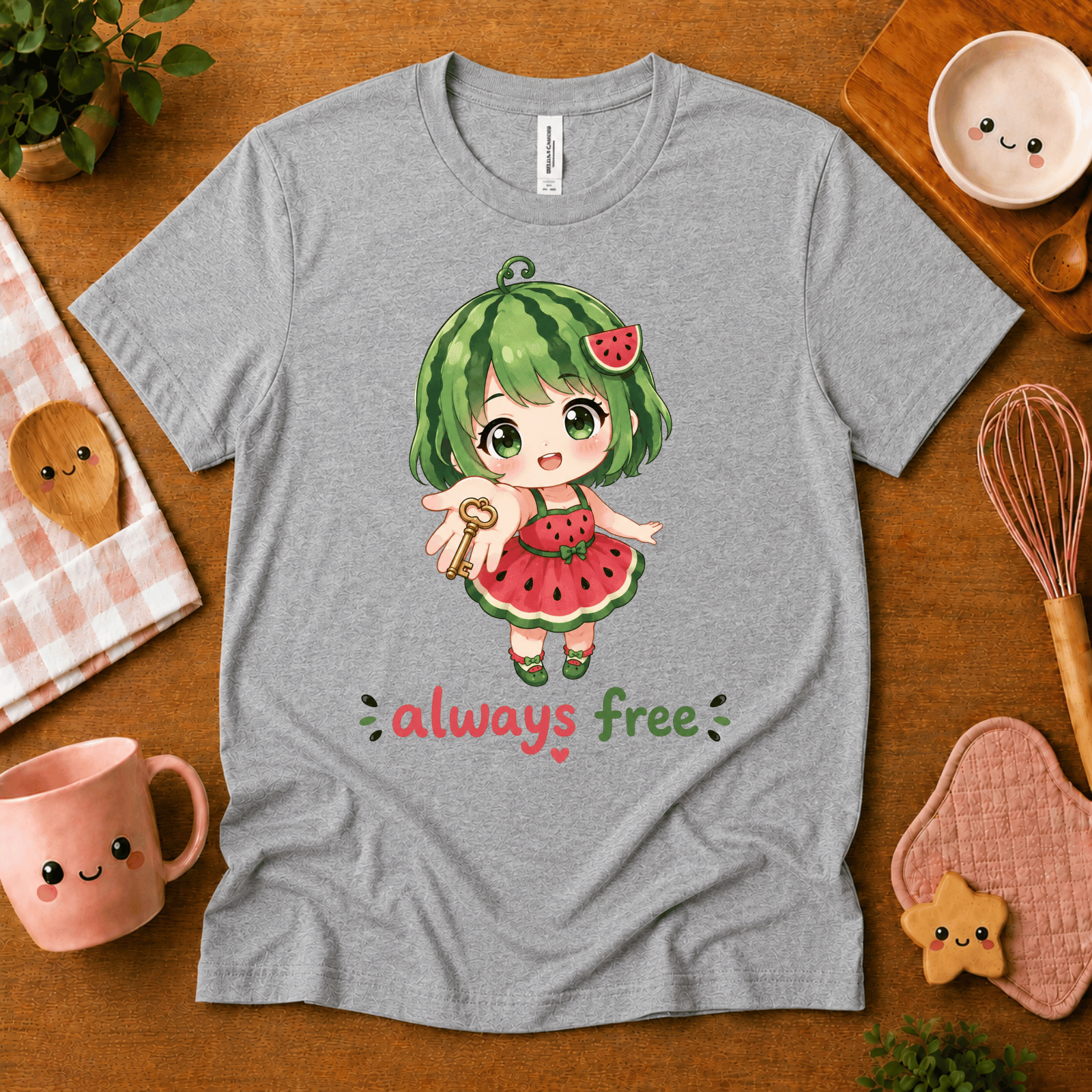 Always Free cute food graphic t-shirt cozy flat lay in athletic heather.