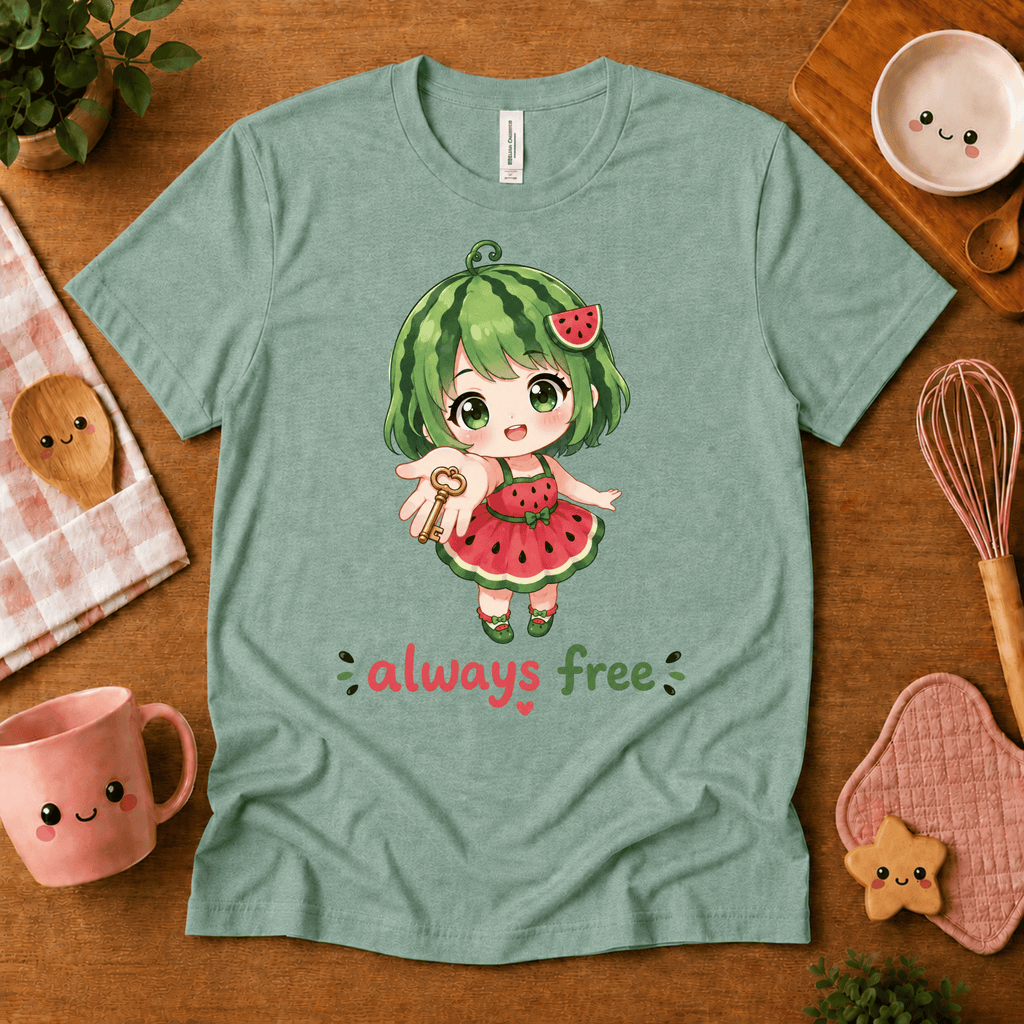 Always Free cute food graphic t-shirt cozy flat lay in heather sea green.