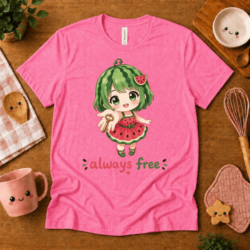 Always Free cute food graphic t-shirt cozy flat lay in charity pink.