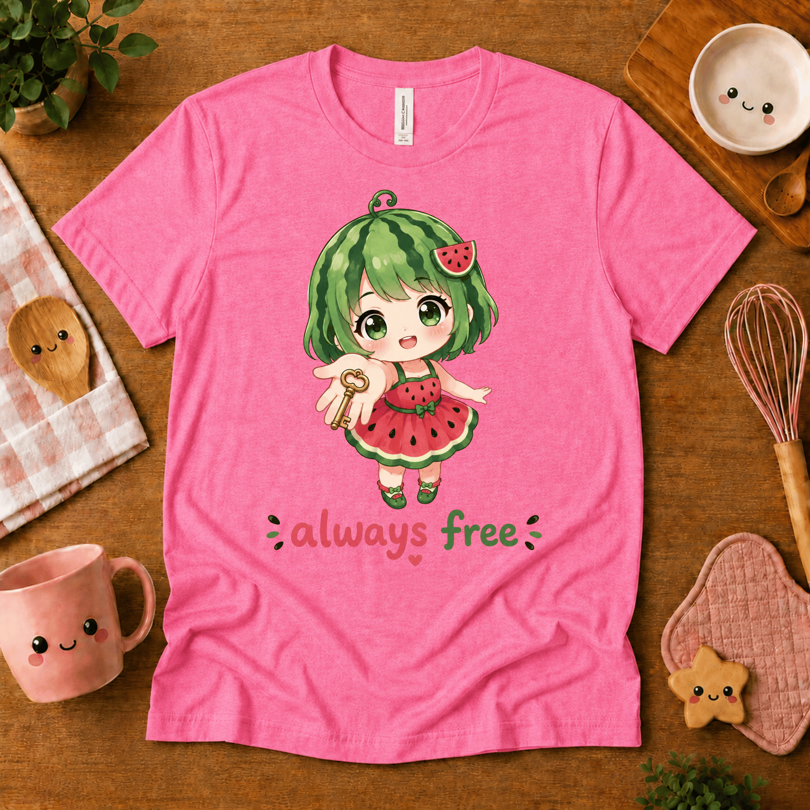 Always Free cute food graphic t-shirt cozy flat lay in charity pink.