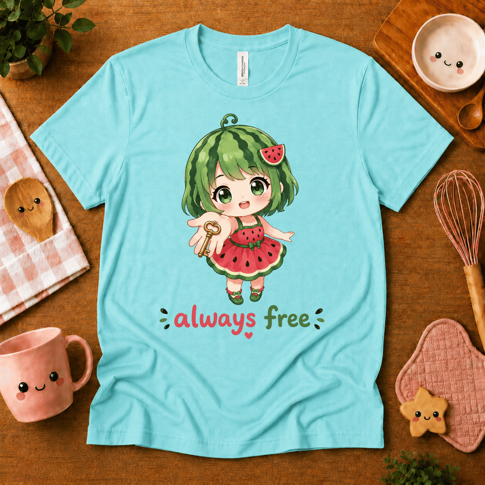 Always Free cute food graphic t-shirt cozy flat lay in aqua.