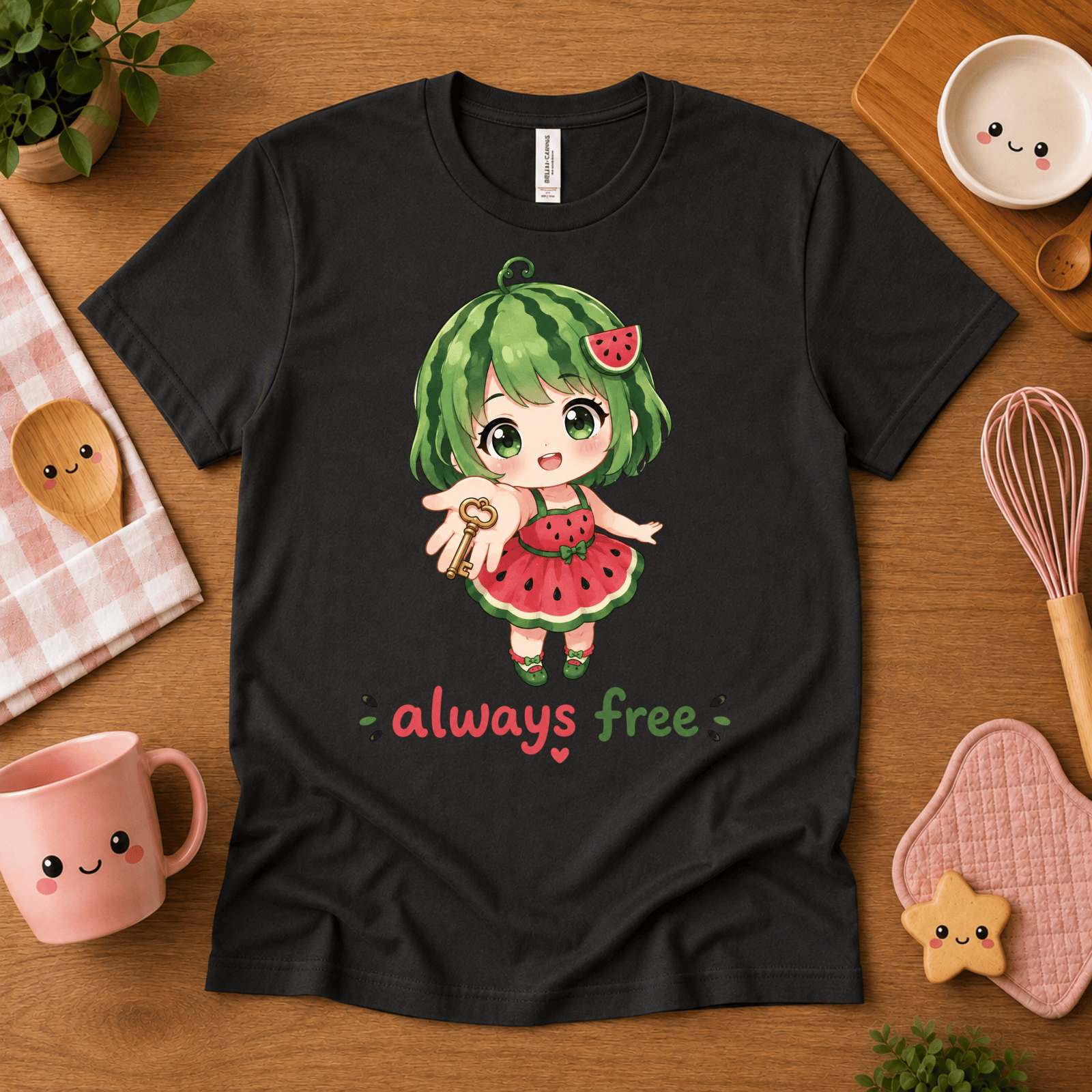 Always Free cute food graphic t-shirt cozy flat lay in vintage black.