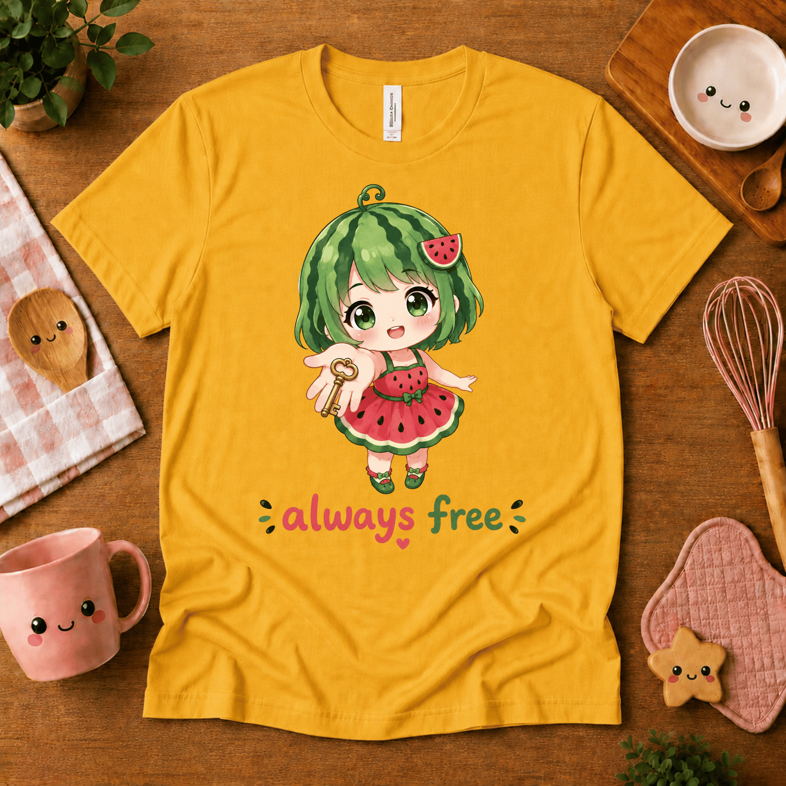 Always Free cute food graphic t-shirt cozy flat lay in gold.