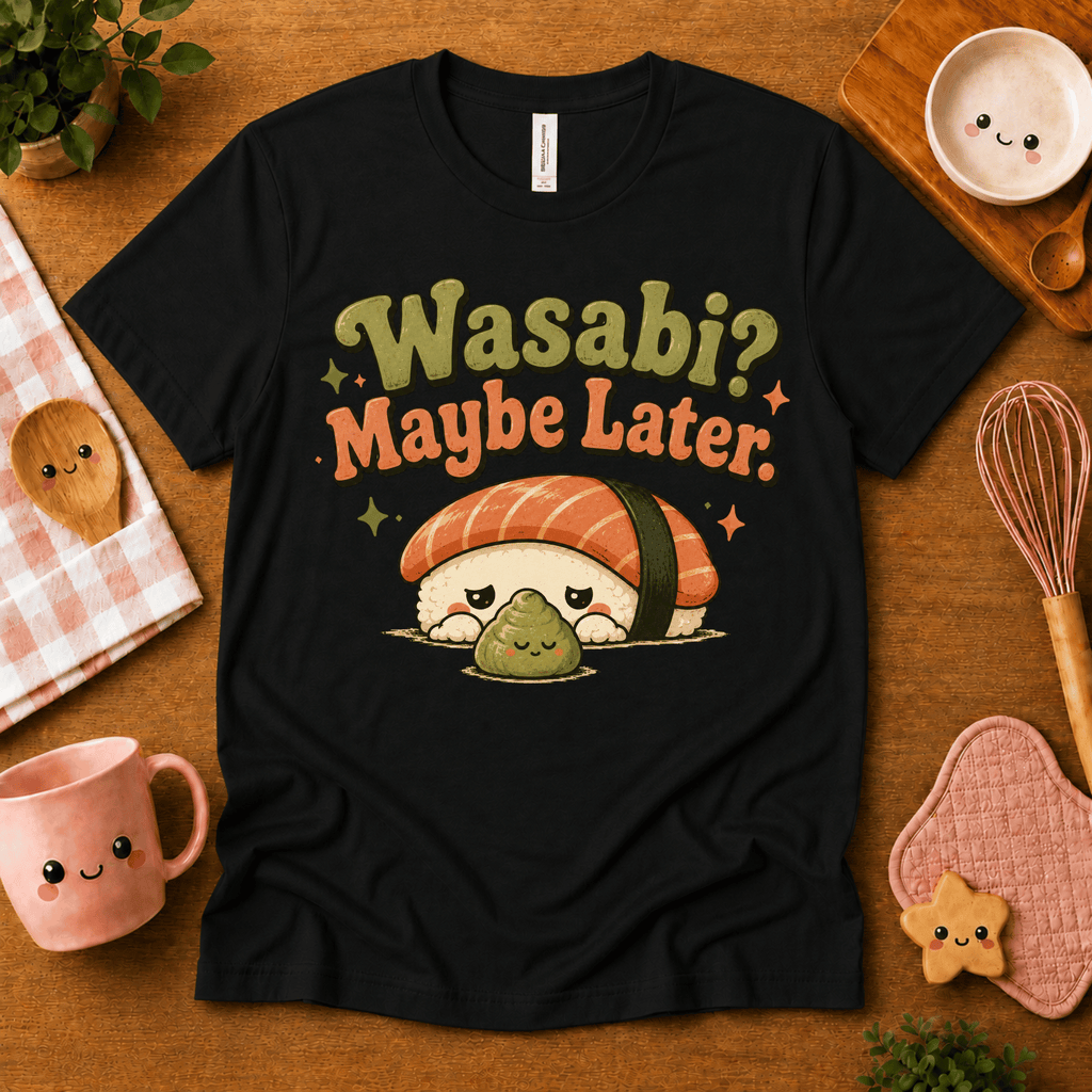 Wasabi cute food graphic t-shirt cozy flat lay in black.