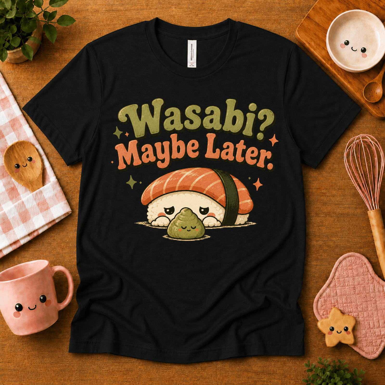 Wasabi cute food graphic t-shirt cozy flat lay in black.