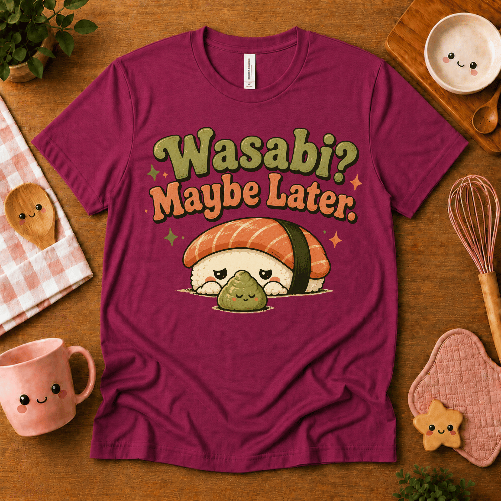 Wasabi cute food graphic t-shirt cozy flat lay in berry.