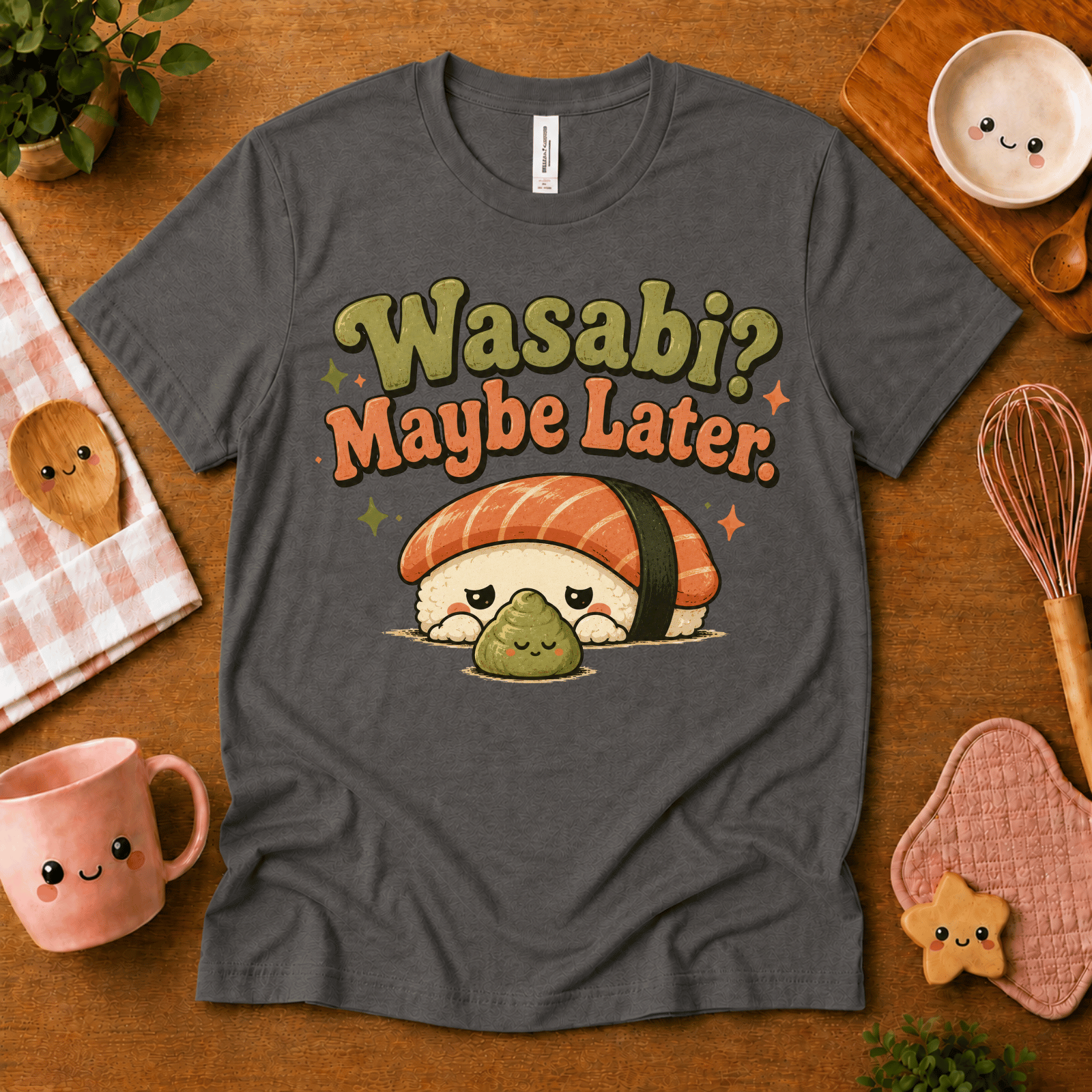Wasabi cute food graphic t-shirt cozy flat lay in asphalt.