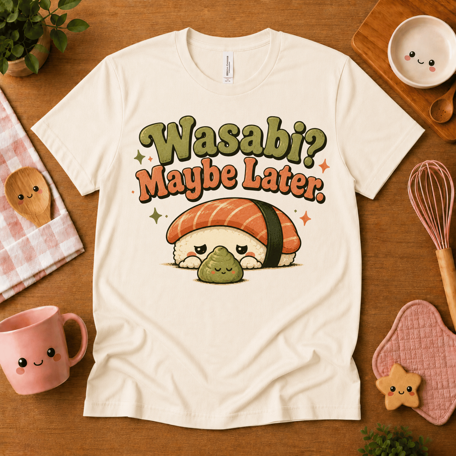 Wasabi cute food graphic t-shirt cozy flat lay in white.