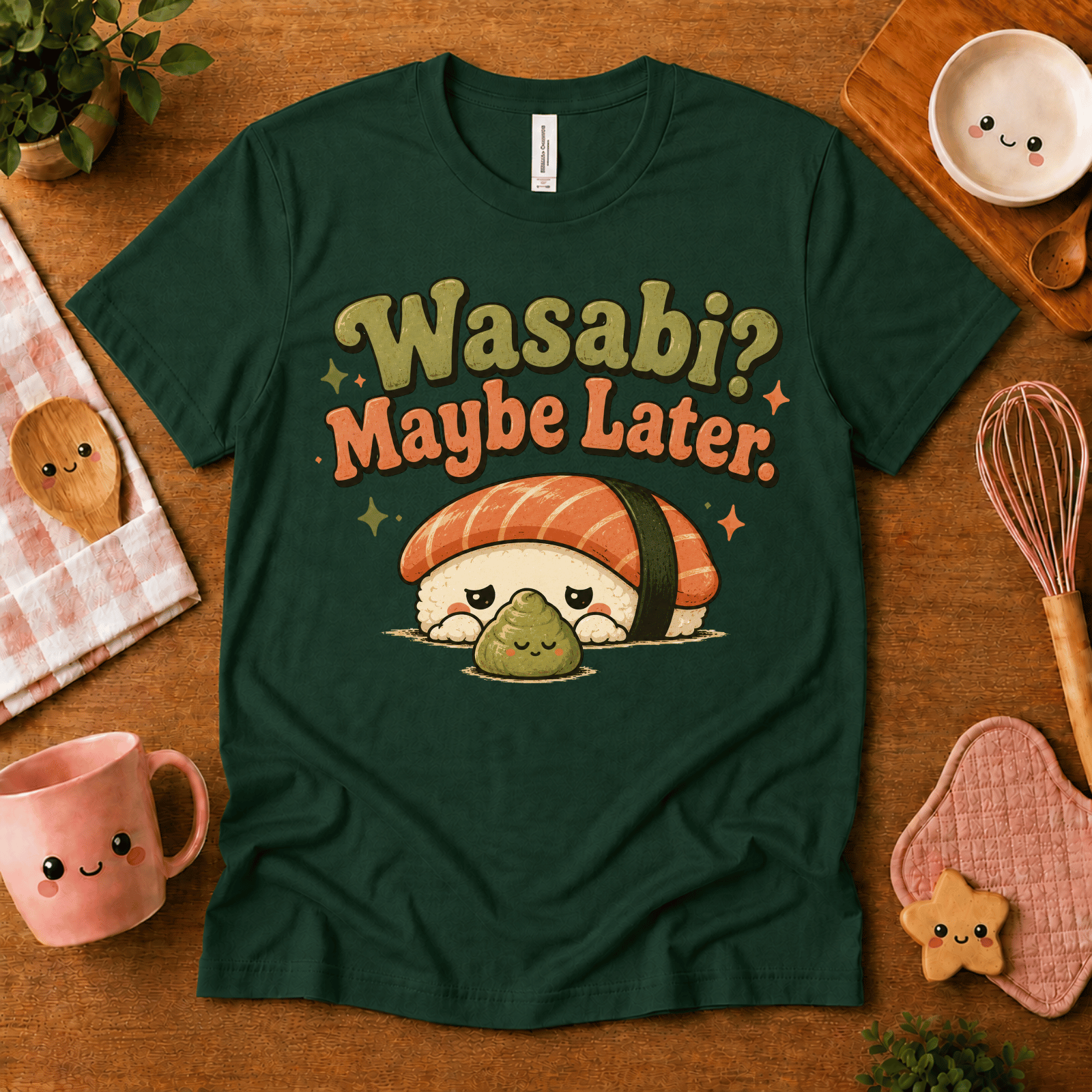 Wasabi cute food graphic t-shirt cozy flat lay in evergreen.