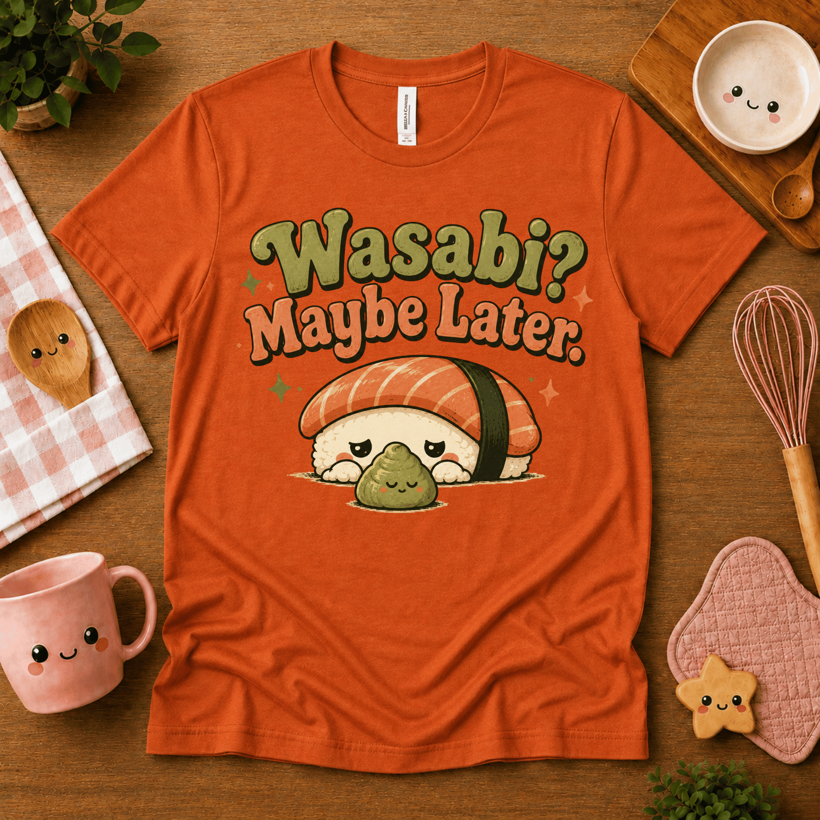 Wasabi cute food graphic t-shirt cozy flat lay in burnt orange.