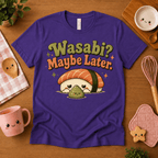 Wasabi cute food graphic t-shirt cozy flat lay in team purple.