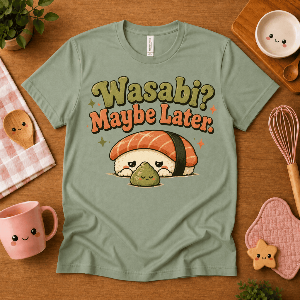 Wasabi cute food graphic t-shirt cozy flat lay in sage.