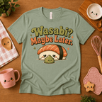 Wasabi cute food graphic t-shirt cozy flat lay in sage.