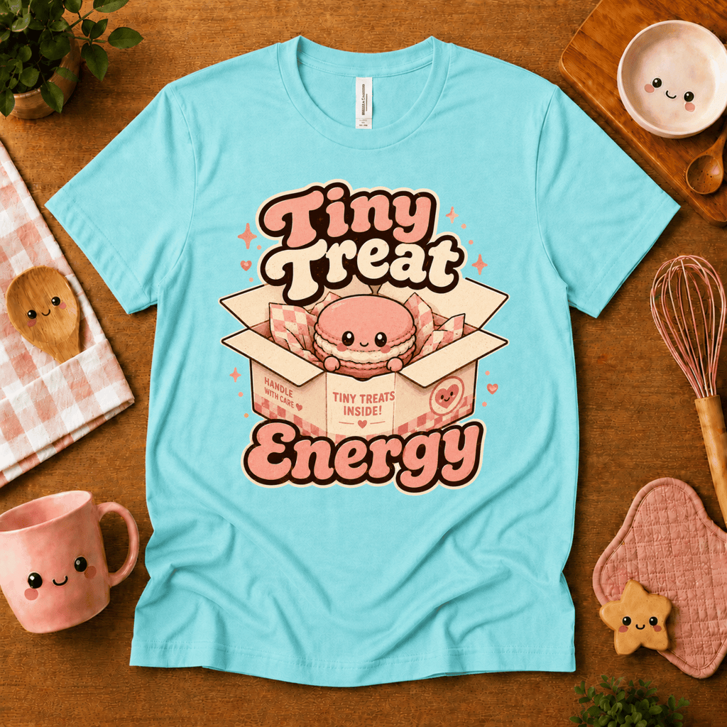 Tiny Treat Energy cute food graphic t-shirt cozy flat lay in aqua.