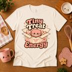 Tiny Treat Energy cute food graphic t-shirt cozy flat lay in natural.
