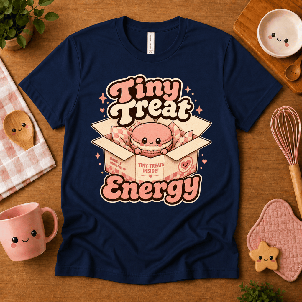 Tiny Treat Energy cute food graphic t-shirt cozy flat lay in navy.