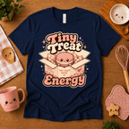 Tiny Treat Energy cute food graphic t-shirt cozy flat lay in navy.