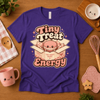 Tiny Treat Energy cute food graphic t-shirt cozy flat lay in team purple.