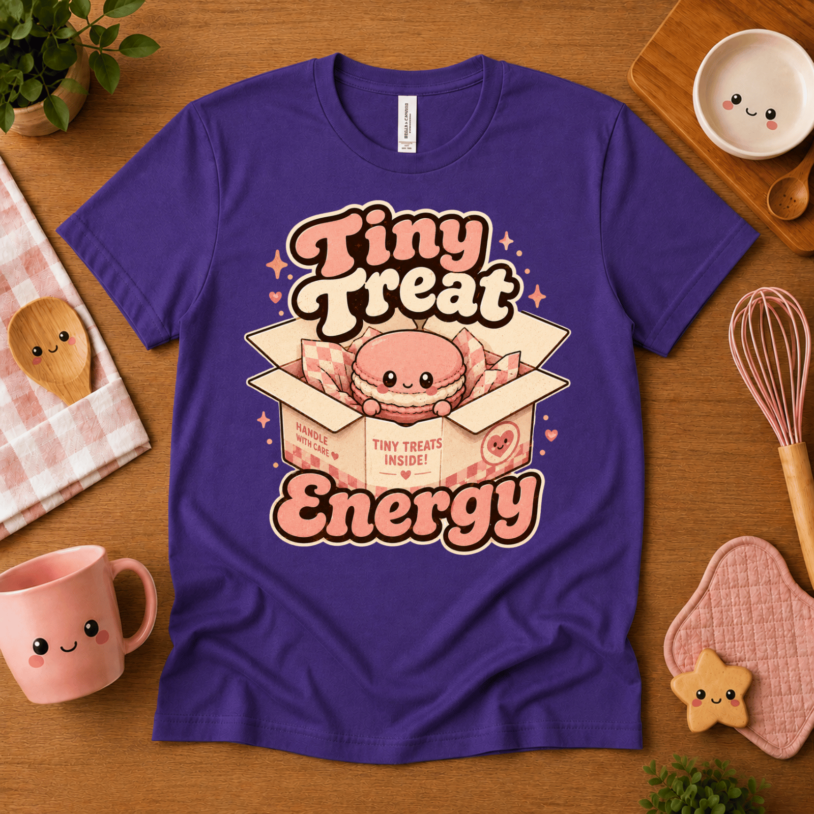 Tiny Treat Energy cute food graphic t-shirt cozy flat lay in team purple.