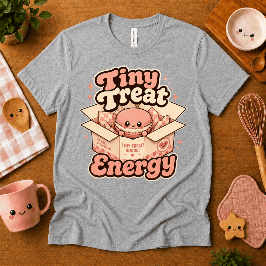 Tiny Treat Energy cute food graphic t-shirt cozy flat lay in athletic heather.