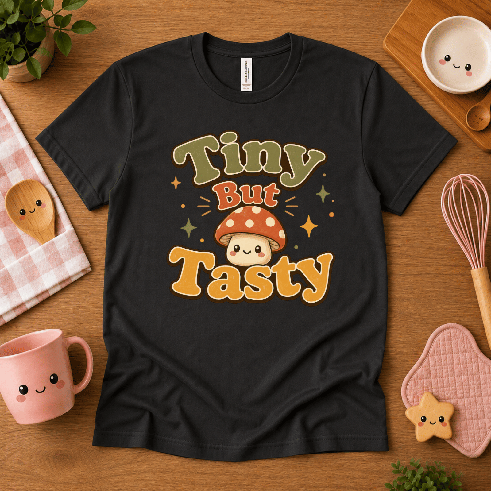 Tiny But Tasty cute food graphic t-shirt cozy flat lay in vintage black.