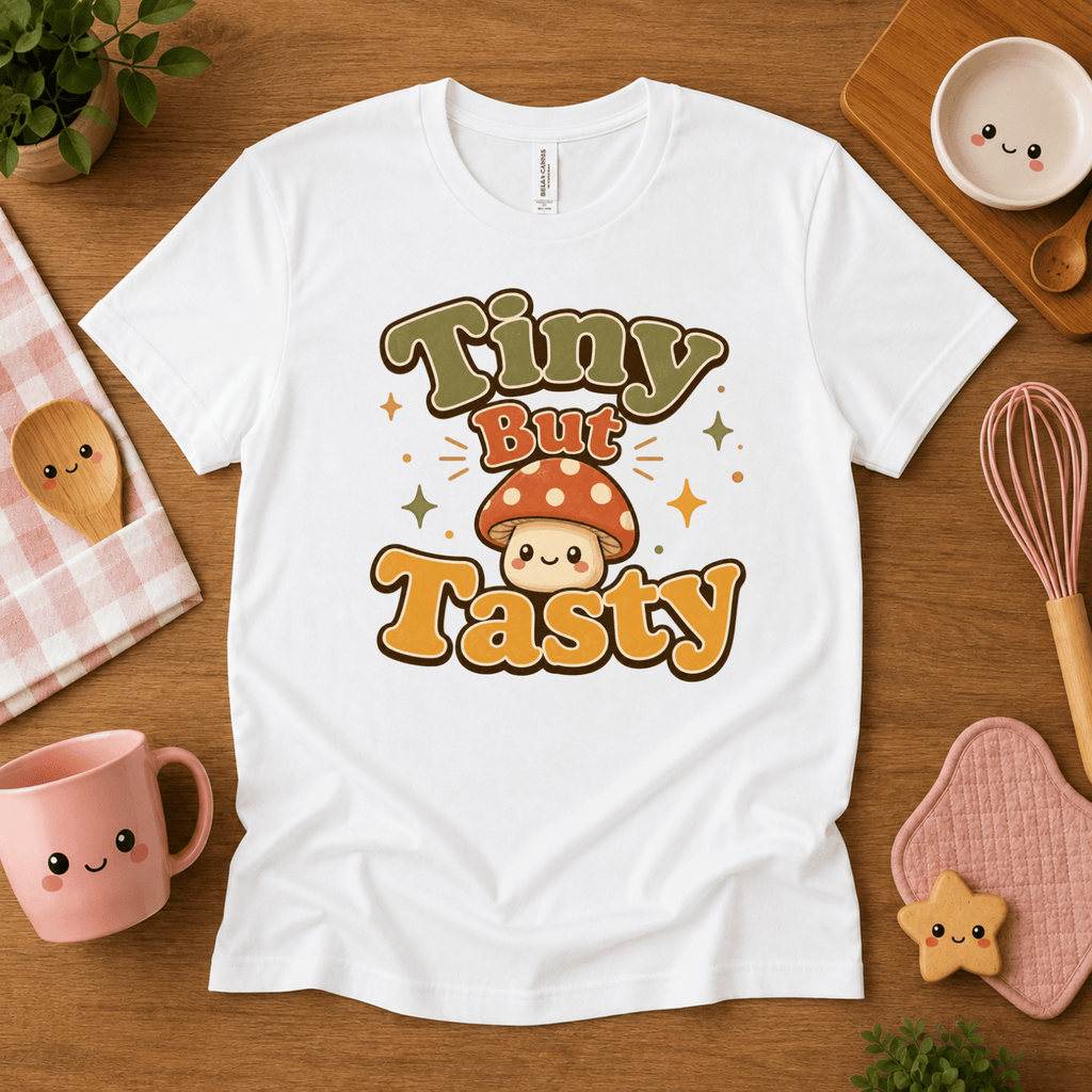 Tiny But Tasty cute food graphic t-shirt cozy flat lay in white.
