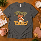 Tiny But Tasty cute food graphic t-shirt cozy flat lay in asphalt.