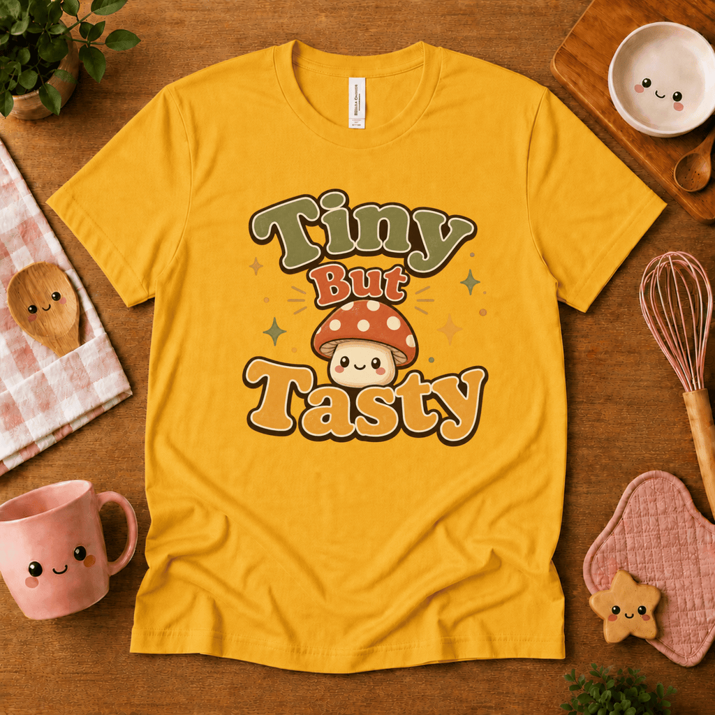 Tiny But Tasty cute food graphic t-shirt cozy flat lay in gold.
