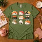 Sushi cute food graphic t-shirt cozy flat lay in leaf.